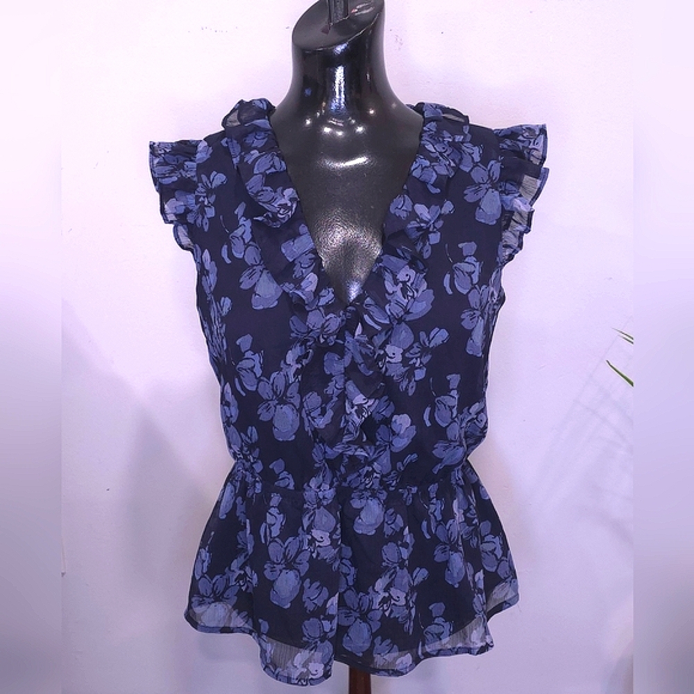 Banana Republic Navy Floral Ruffle Blouse